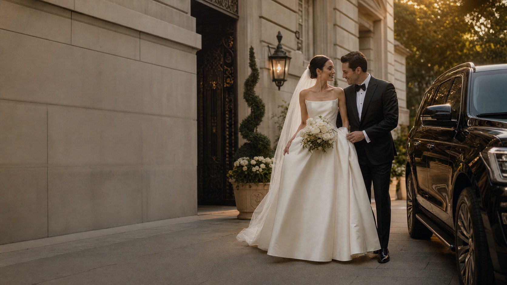 Newlywed couple beside a chauffeured luxury SUV for wedding transportation in NYC