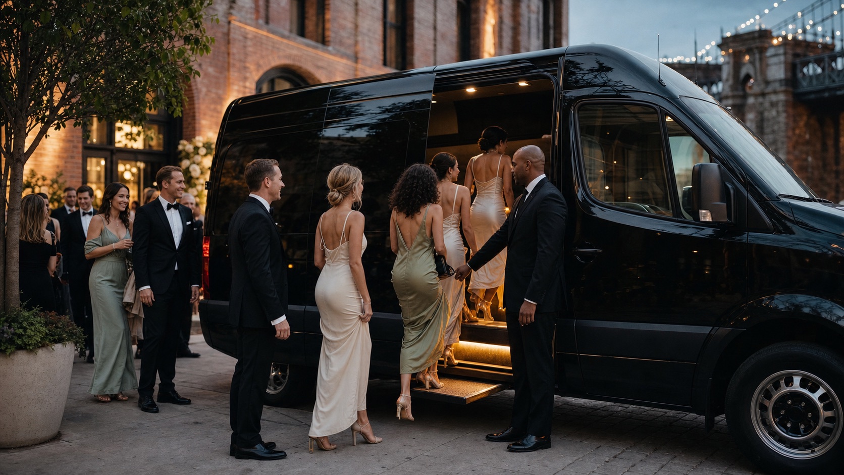 Wedding guests boarding an executive Sprinter shuttle at a Brooklyn venue