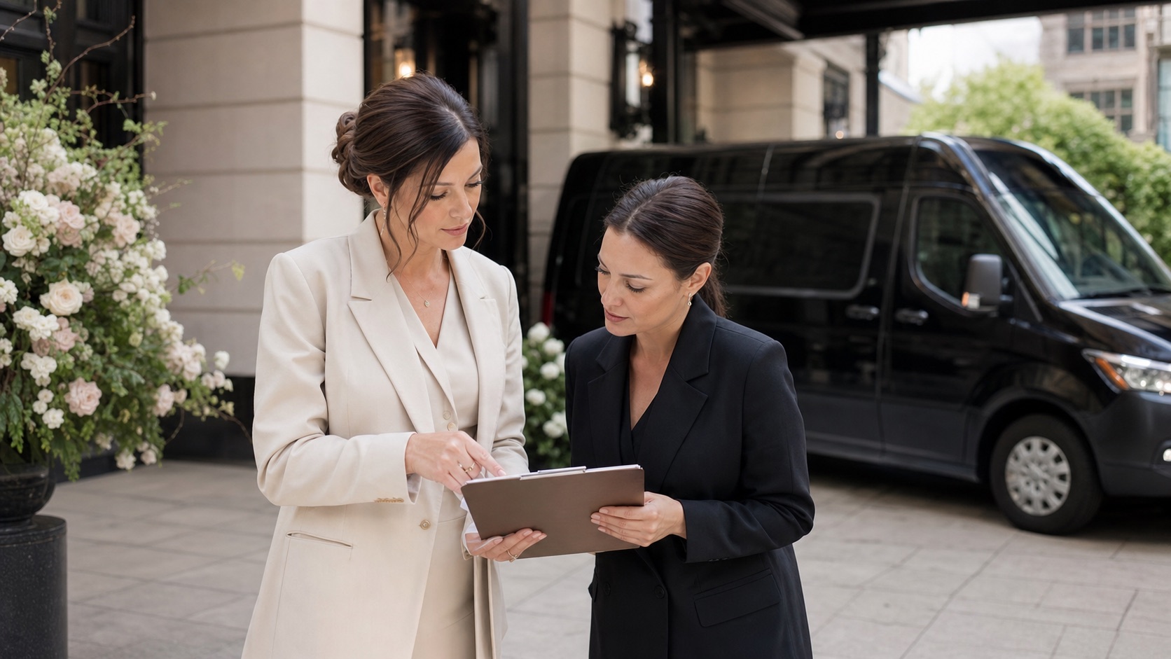 Wedding planner coordinating chauffeured transportation at a New York venue